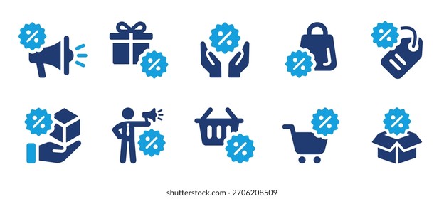 Offer icon set, containing promotion, sale, discount, shopping, retail, marketing and more. Solid vector icon symbol illustration.