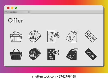 offer icon set. included sale, voucher, price tag, discount, shopping-basket, shopping basket icons on white background. linear, filled styles.