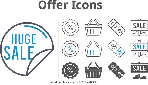 offer icon set included sale, discount, shopping-basket, shopping basket icons