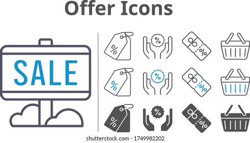 offer icon set included sale, price tag, discount, shopping-basket, shopping basket icons