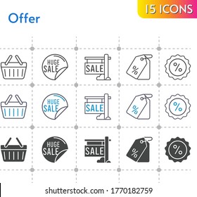 offer icon set. included sale, price tag, discount, shopping-basket, shopping basket icons on white background. linear, bicolor, filled styles.