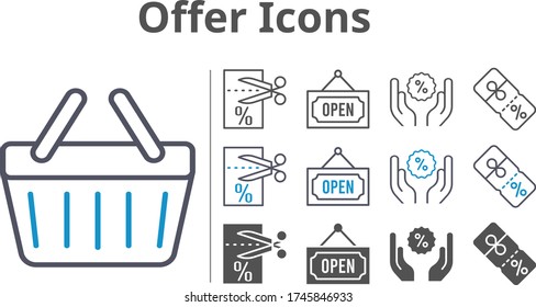 offer icon set included voucher, discount, shopping-basket, open icons