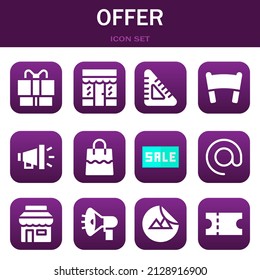offer icon set. Vector thin line illustrations related with Gift, Grocery and Set square