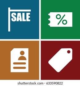 Offer icons set. set of 4 offer filled icons such as tag, resume, sale