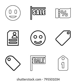 Offer icons. set of 9 editable outline offer icons such as tag, smile, sale, resume