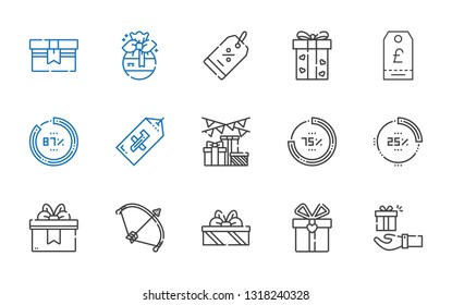 offer icons set. Collection of offer with gift, gifts, bow, percentage, tag, discount. Editable and scalable offer icons.