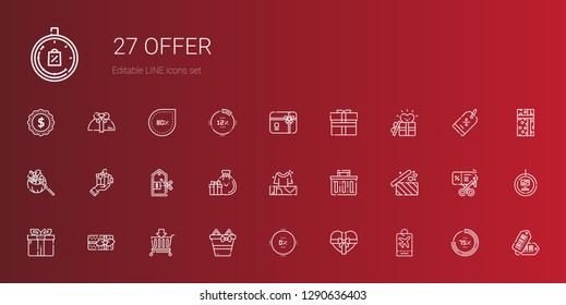 offer icons set. Collection of offer with tag, gift, percentage, gifts, basket, shopping basket, price, gift card, tags, discount, label, limited time. Editable and scalable offer icons.
