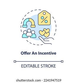 Offer incentive concept icon. Loyalty program. Motivating customers abstract idea thin line illustration. Reward, discount. Isolated outline drawing. Editable stroke. Arial, Myriad Pro-Bold fonts used