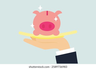 Offer investment and savings service, best wealth management or business loan, mutual funds and financial solution concept, businessman professional hand serving precious piggybank in luxury tray