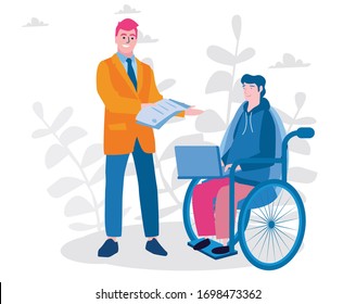 Offer Job for Disabled People. Vector illustration for web banner, infographics, mobile.  Man with Disabilities Sitting in Wheelchair Taking Hiring Contract from Employer