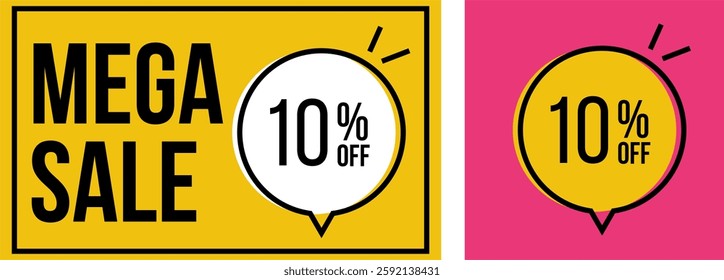 Offer Label Kit, 10% off for a limited time - Two balloon-shaped offer banners on a yellow and pink background with black lines.