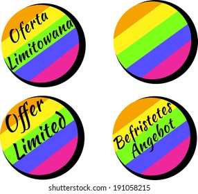 Offer limited button in polish, english and german language colorful as a rainbow