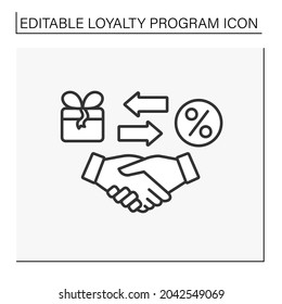 Offer line icon. Deal between brand and customer. Handshake. Present box and discount for customers. Attracting new clients.Shopping concept. Isolated vector illustration. Editable stroke