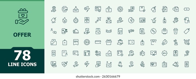 Offer line icon set. Includes symbols for coupon, present, shopping, gift, surprise and more. Minimalist icons collection. Present line icon set. Editable stroke. Vector illustration.