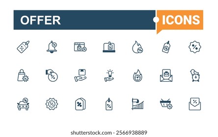 Offer line icons set. Related to shopping, discount, quality, win, surprise, card, coupon and more. Simple line vector. Solid line editable stroke.