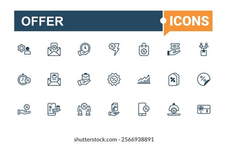 Offer line icons set. Related to shopping, discount, quality, win, surprise, card, coupon and more. Simple line vector. Solid line editable stroke.