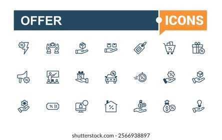 Offer line icons set. Related to shopping, discount, quality, win, surprise, card, coupon and more. Simple line vector. Solid line editable stroke.