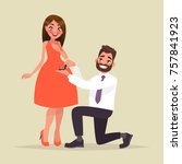 An offer of marriage. Man proposes a woman to marry him and gives an engagement ring. Vector illustration in cartoon style