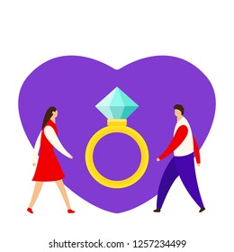 An offer of marriage. Man proposes a woman to marry him and gives an engagement ring. Vector illustration in cartoon style