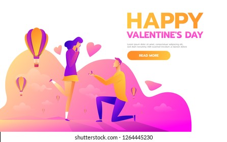 An offer of marriage. Man proposes a woman to marry him and gives an engagement ring. Vector illustration in cartoon style. Happy Valentine's Day.