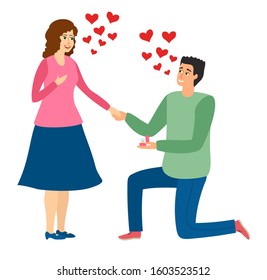 An offer of marriage. Man proposes a woman to marry him and gives an engagement ring. Couple in love. Vector illustration in cartoon style