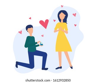 An offer of marriage. Man proposes a woman to marry him and gives an engagement ring. Cute couple in love. Color vector illustration in flat style.