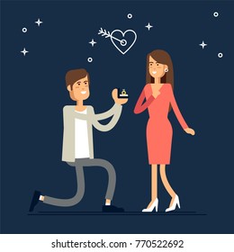 An offer of marriage. Man proposes a woman to marry him and gives an engagement ring. Vector illustration in cartoon style