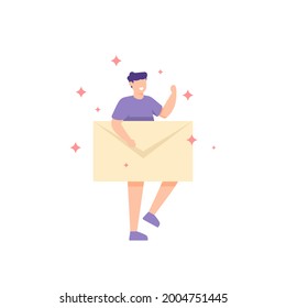 ofrecer concepto de mensaje, chat. ilustración de un hombre con un sobre o una carta. recibe una carta. o correo electrónico. estilo de dibujos animados planos. diseño de dibujos animados