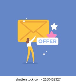 offer messages, job offer emails, promotions. a woman who gets an important or starred message. advertisement. illustration concept design