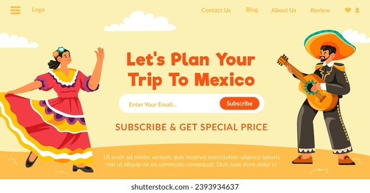 Offer Mexico tour at special price. Exclusive new experiences. Professional guides, comfortable hotels. Woman dances, man plays flamenco guitar. Website landing page, internet site vector in flat 