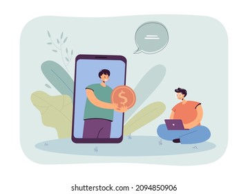 Offer of money from woman on mobile phone screen to customer. Tiny girl sitting with laptop flat vector illustration. Cashback, investment concept for banner, website design or landing web page
