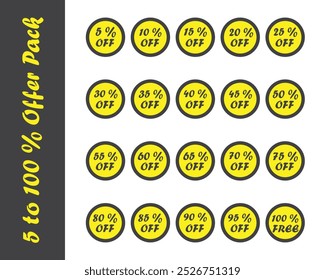 Offer Pack 5 to 100 %, Discount Pack 5 to 100 %, Free Sale Offer, Discount Stickers Pack Icons, Yellow Vector Design Illustration