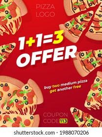 Offer poster with pizza and slice with cheese, pepperoni, olives, greens, arugula on red backgroud. Vector illustration for postcard greeting card, banner, advertising, menu, articles.