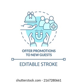 Offer promotions to new guests turquoise concept icon. Restaurant marketing abstract idea thin line illustration. Isolated outline drawing. Editable stroke. Arial, Myriad Pro-Bold fonts used