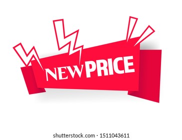 Offer red banner. Price sticker market offer. Christmas and Black Friday sale template. Modern background paper design. Discount text New price store label.