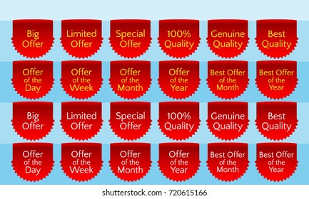 Offer ribbon set, ribbon banner, red ribbon bookmark, vector quality label. Big offer, limited offer, special offer, genuine quality, best quality, hundred percent