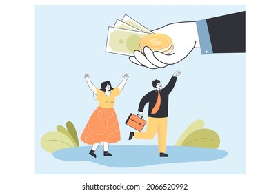 Oferta de salario a minúsculos empleados de mano de un empresario. Jefe dando incentivos a los trabajadores corporativos, sosteniendo ilustraciones de vector plana de dinero. Inversión empresarial, crecimiento financiero, concepto salarial