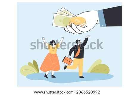 Offer of salary to tiny employees from hand of businessman. Boss giving incentive to corporate workers, holding money flat vector illustration. Business investment, financial growth, salary concept