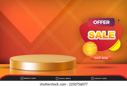 offer sale discount template banner with blank space 3d podium for product sale with abstract gradient orange and red background design