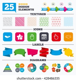 Offer sale tags, textures and charts. Hand icons. Handshake successful business symbol. Click here press sign. Human helping donation hand. Sale price tags. Vector