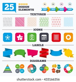 Offer sale tags, textures and charts. Star favorite and menu list icons. Checklist and cogwheel gear sign symbols. Sale price tags. Vector