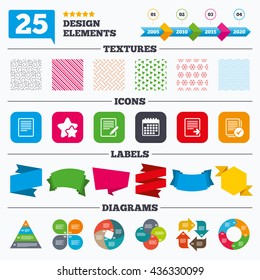 Offer sale tags, textures and charts. File document icons. Download file symbol. Edit content with pencil sign. Select file with checkbox. Sale price tags. Vector