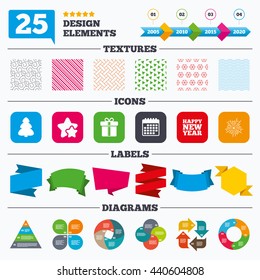 Offer sale tags, textures and charts. Happy new year icon. Christmas tree and gift box signs. Fireworks explosive symbol. Sale price tags. Vector