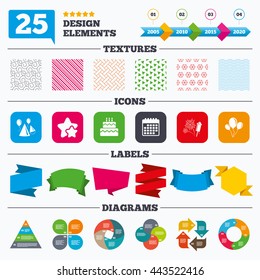 Offer sale tags, textures and charts. Birthday party icons. Cake, balloon, hat and muffin signs. Fireworks with rocket symbol. Double decker with candle. Sale price tags. Vector