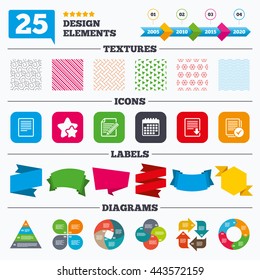 Offer sale tags, textures and charts. File document icons. Download file symbol. Edit content with pencil sign. Select file with checkbox. Sale price tags. Vector