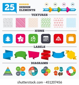 Offer sale tags, textures and charts. Happy new year icon. Christmas trees and gift box signs. World globe symbol. Sale price tags. Vector