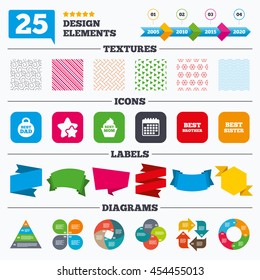 Offer sale tags, textures and charts. Best mom and dad, brother and sister icons. Weight and cupcake signs. Award symbols. Sale price tags. Vector