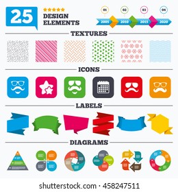 Offer sale tags, textures and charts. Mustache and Glasses icons. Hipster with beard symbols. Facial hair signs. Sale price tags. Vector
