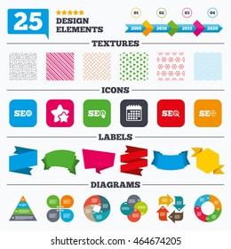 Offer sale tags, textures and charts. SEO icons. Search Engine Optimization symbols. World globe and mouse or hand cursor pointer signs. Sale price tags. Vector