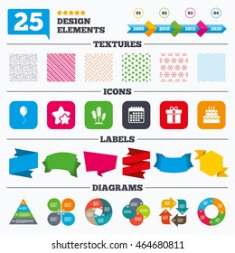 Offer sale tags, textures and charts. Birthday party icons. Cake and gift box signs. Air balloons and fireworks rockets symbol. Sale price tags. Vector